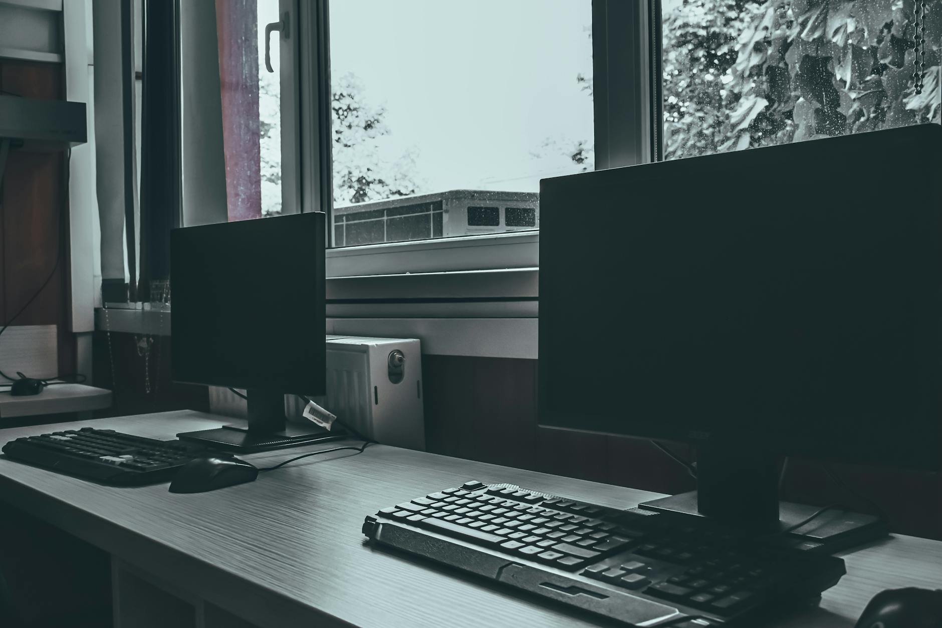 Professional office workspace with dual monitors — MAMAJI
